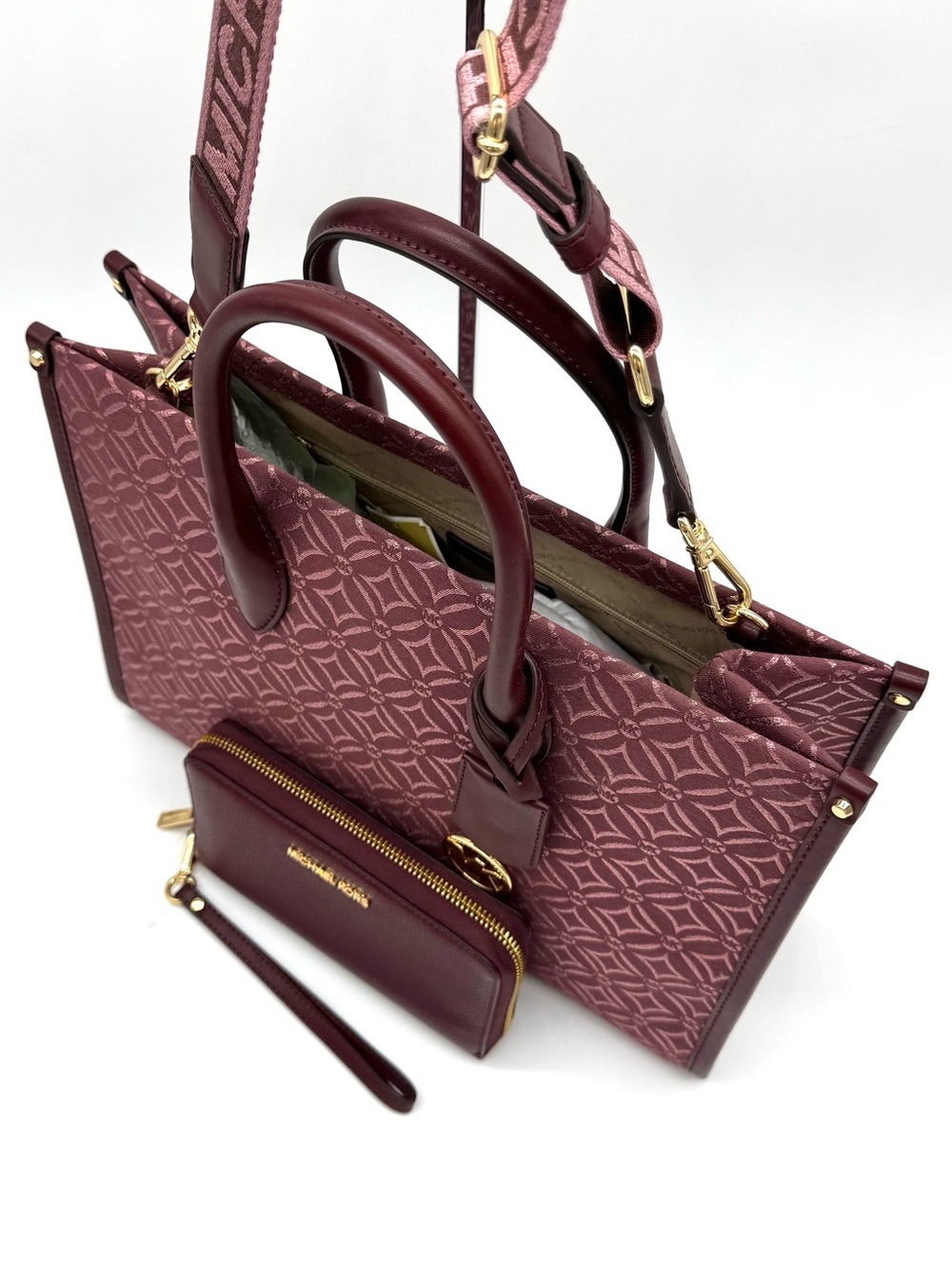 Michael Kors Medium Mirella Tote Bag & Matching Phone Case Wallet - Ox Blood - Picture 10 of 13